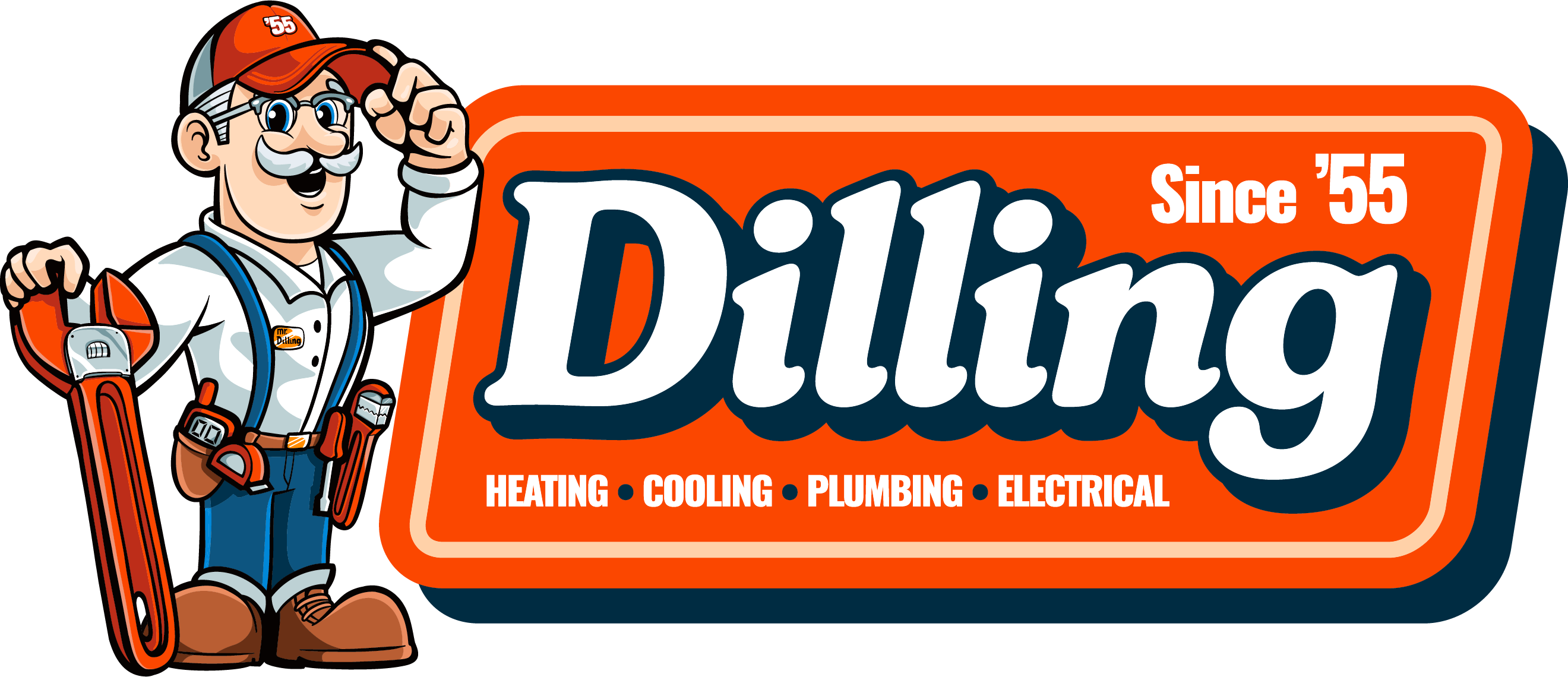 Cartoon handyman tipping his hat stands next to "Dilling Since '55" sign with services: heating, cooling, plumbing, electrical.