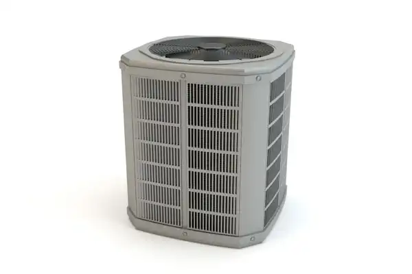 A gray outdoor air conditioning unit with a fan on top and vented sides, set against a plain white backdrop, ready to provide cool comfort or assistance if in need of air conditioning repair.