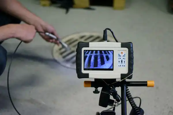 A person uses a camera probe to inspect a drain. The inspection screen displays an image of the inside of the drain.