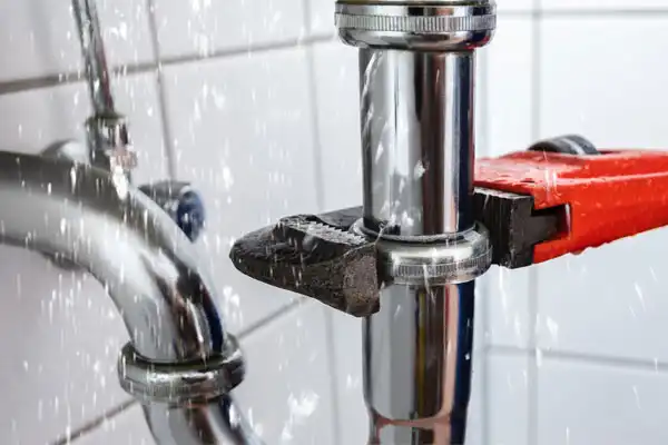 A red wrench is tightening a leaking pipe with water spraying out in a bathroom setting.