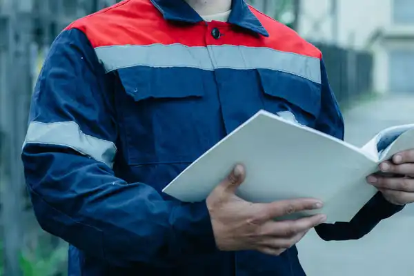 A person in a blue and red uniform holds an open white folder outdoors.