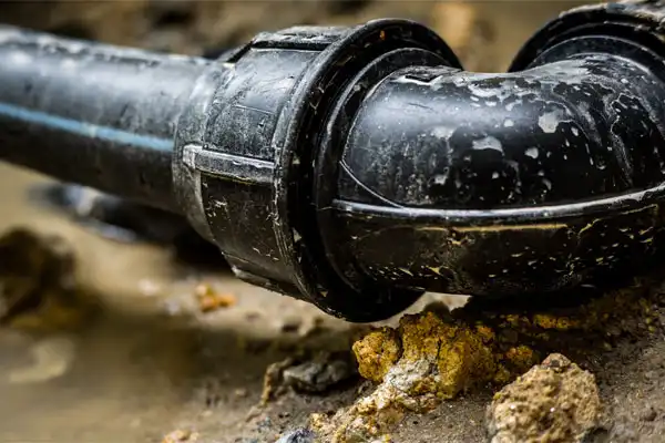 Close-up of two connected black pipes partially buried in dirt, showing signs of mud and grime.