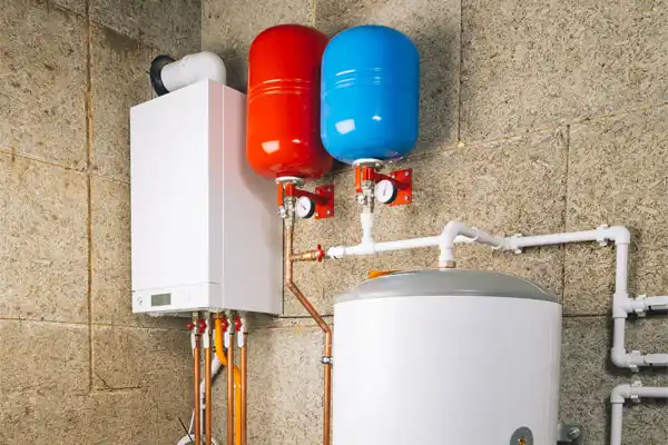 Boiler room with a white boiler unit, two expansion tanks (red and blue), pipes, and a large cylindrical water storage tank against a textured wall.